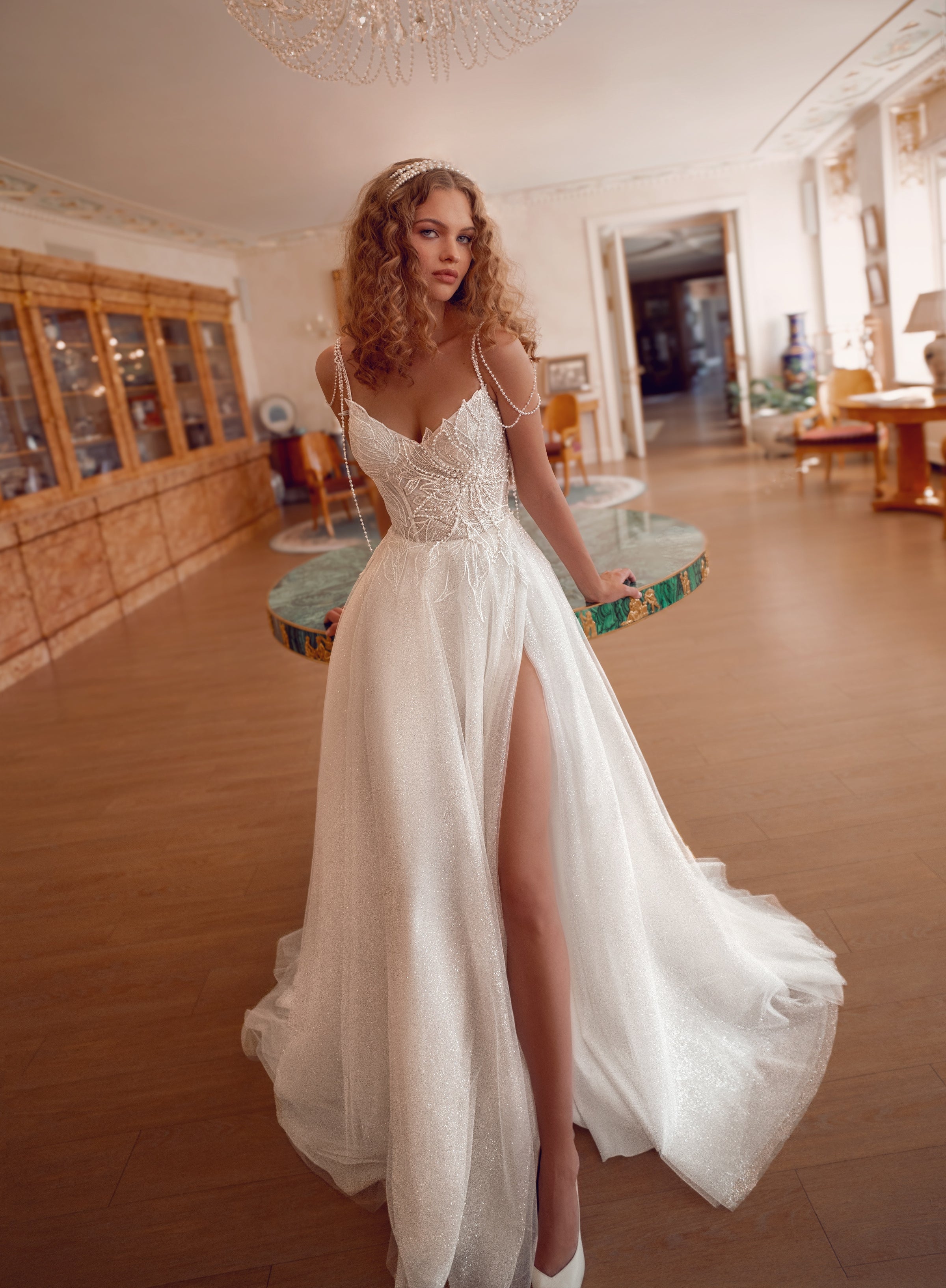 Beaded Lace Corset Wedding Dress with Glitter Euro Tulle Skirt | Enchanting Pearl Symphony Collection Beaded Lace Corset Wedding Dress with Glitter Euro Tulle Skirt | Enchanting Pearl Symphony Collection