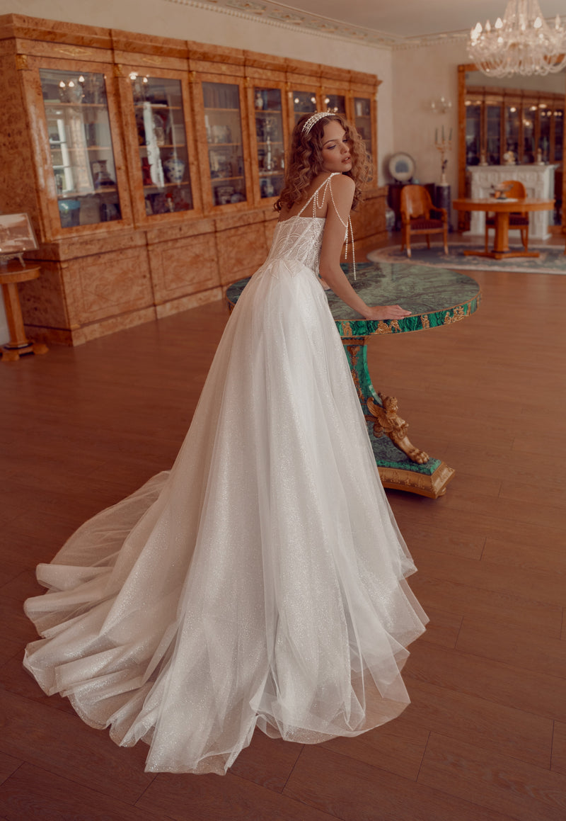 Beaded Lace Corset Wedding Dress with Glitter Euro Tulle Skirt | Encha HAREM's Brides Beaded Lace Corset Wedding Dress with Glitter Euro Tulle Skirt | Encha HAREM's Brides