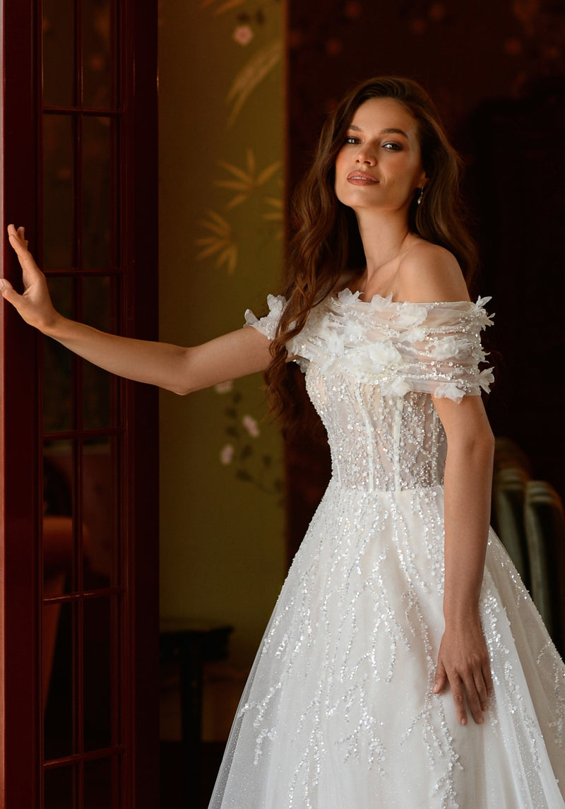 white glitter wedding dress Strapless A-Line Glitter Wedding Dress with a Lace Bolero – HAREM's Brides