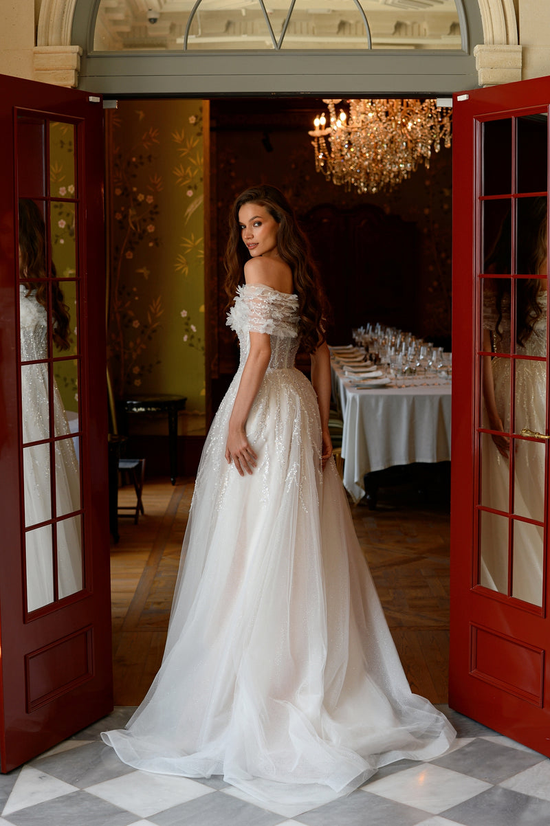 Strapless A-Line Glitter Wedding Dress with a Lace Bolero