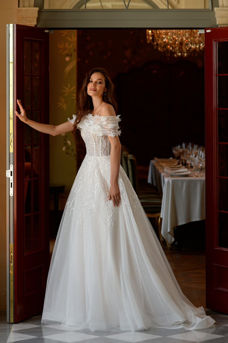 Strapless A-Line Glitter Wedding Dress with a Lace Bolero