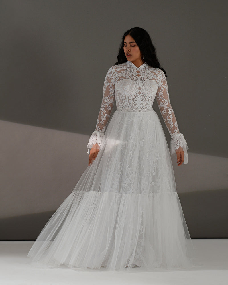 Long Sleeve High Neck A-Line Lace Boho Wedding Dress – HAREM's Brides Long Sleeve High Neck A-Line Lace Boho Wedding Dress – HAREM's Brides