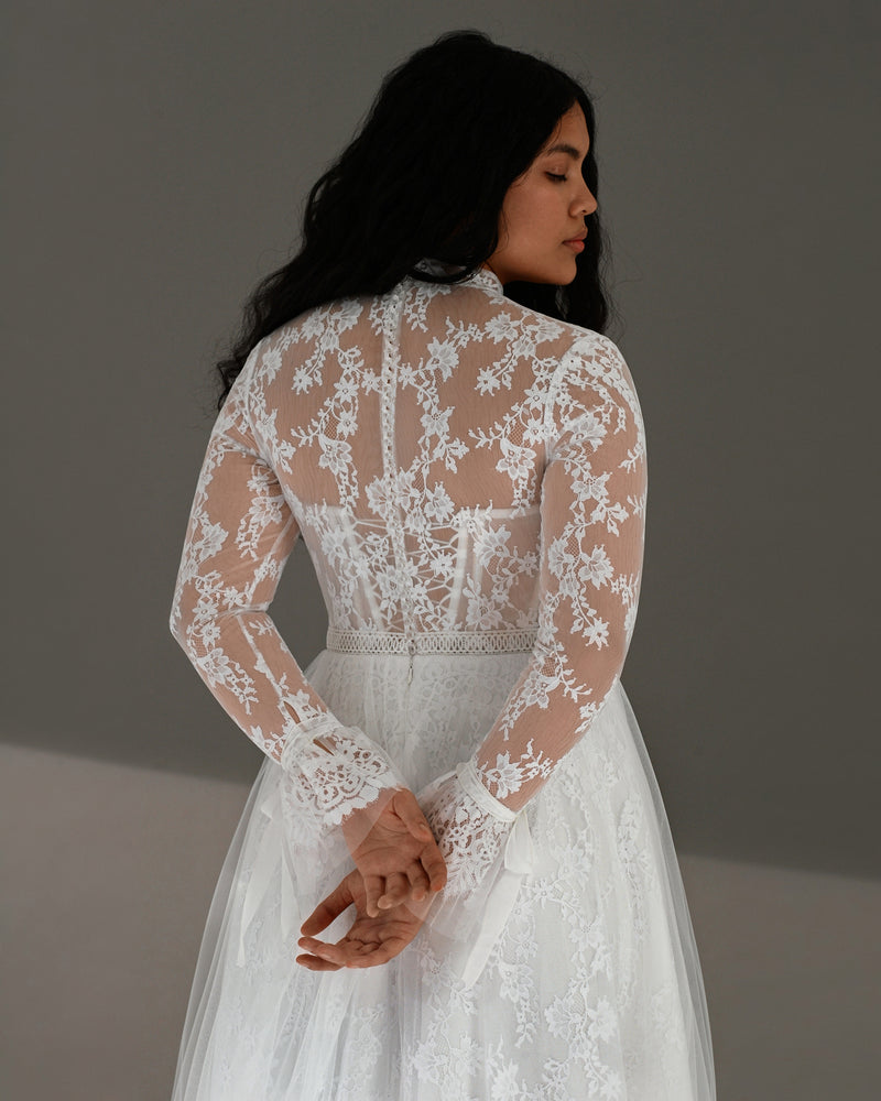 Long Sleeve High Neck A-Line Lace Boho Wedding Dress HAREM's Brides Long Sleeve High Neck A-Line Lace Boho Wedding Dress HAREM's Brides