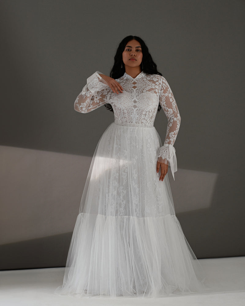 Long Sleeve High Neck A-Line Lace Boho Wedding Dress HAREM's Brides Long Sleeve High Neck A-Line Lace Boho Wedding Dress HAREM's Brides
