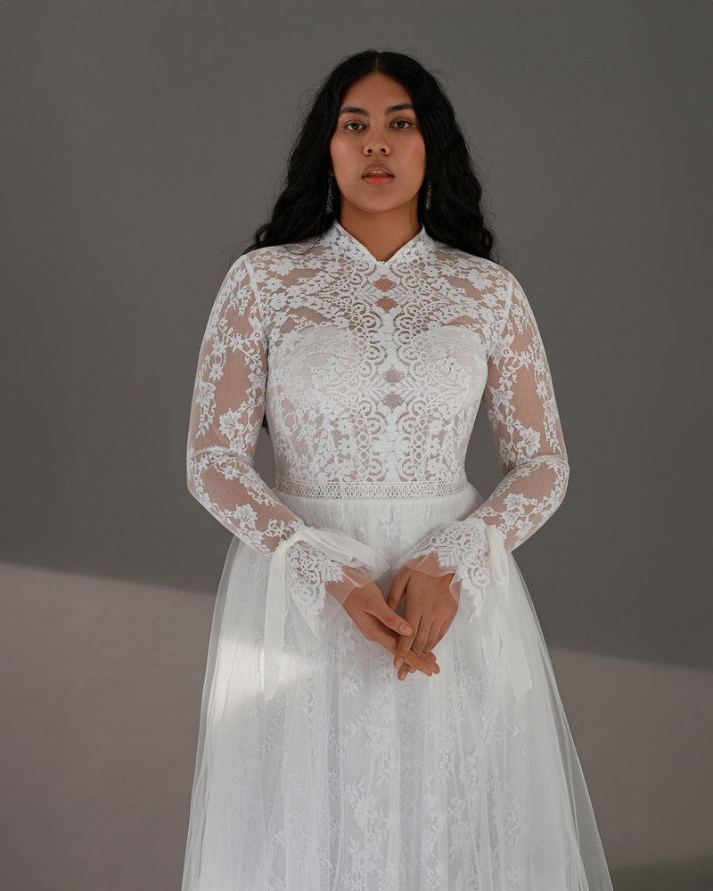 Long Sleeve High Neck A-Line Lace Boho Wedding Dress HAREM's Brides Long Sleeve High Neck A-Line Lace Boho Wedding Dress HAREM's Brides