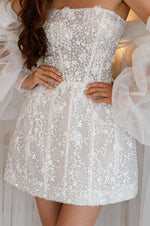 Mini Sparkle Strapless Bridal Dress with Cape