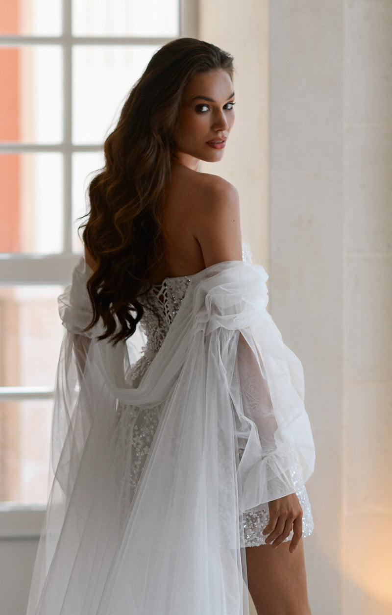 Mini Sparkle Strapless Bridal Dress with Cape