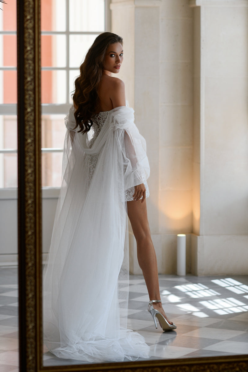 Mini Sparkle Strapless Bridal Dress with Cape