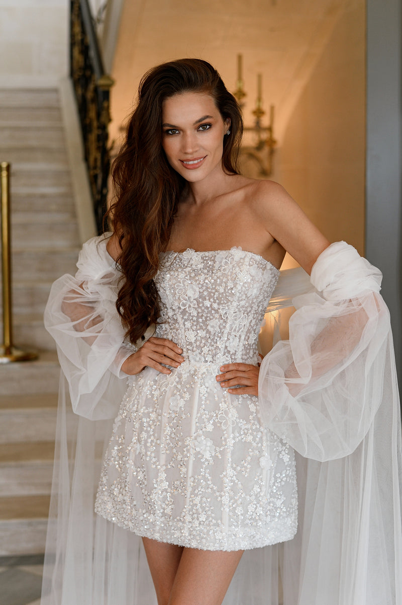 Mini Sparkle Strapless Bridal Dress with Cape