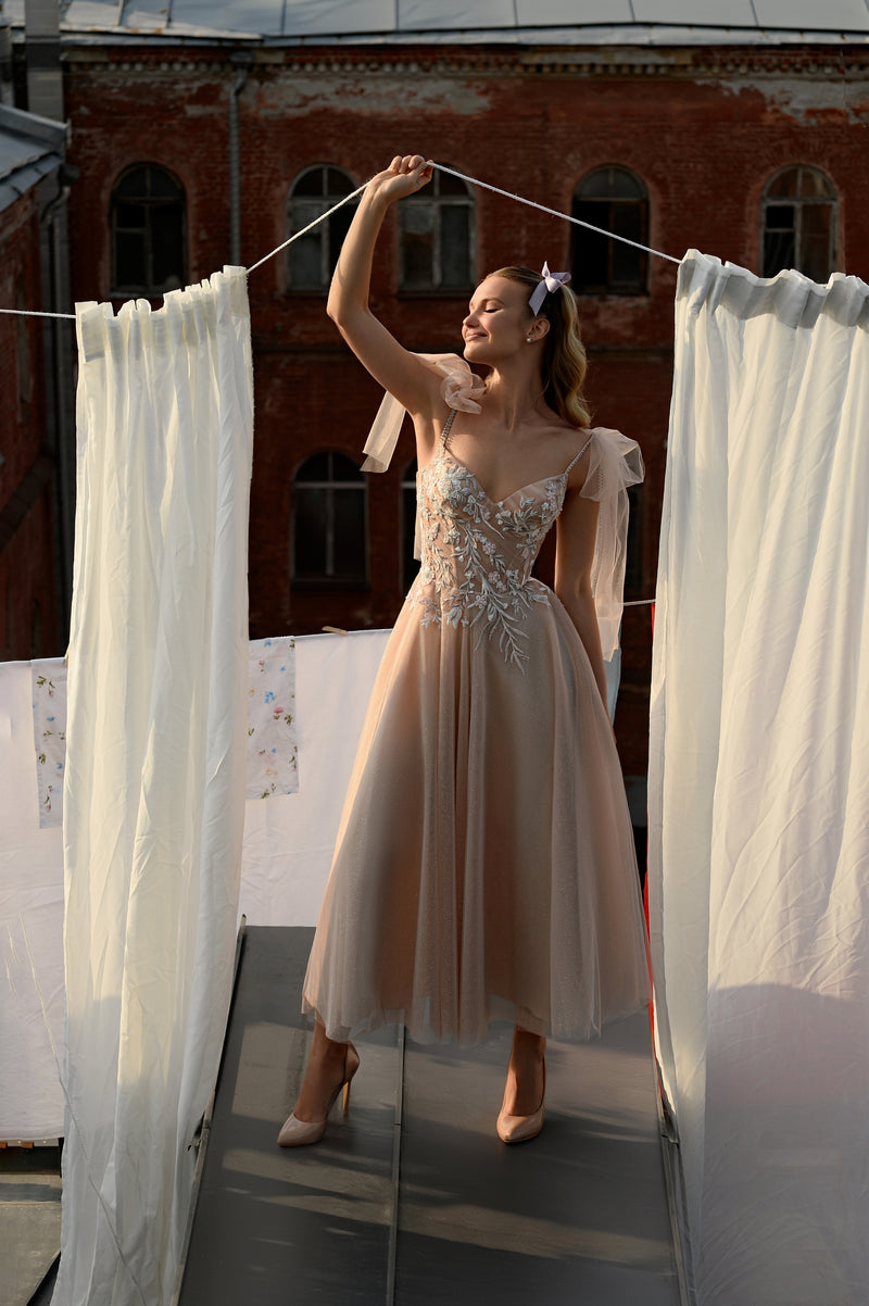midi tulle prom dress Midi Applique Detail Off Shoulder Tulle Party Tube Dress Light Blue / XS