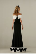 Off-Shoulder Maxi Gown with Pleated White Neckline