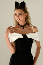 Off-Shoulder Maxi Gown with Pleated White Neckline