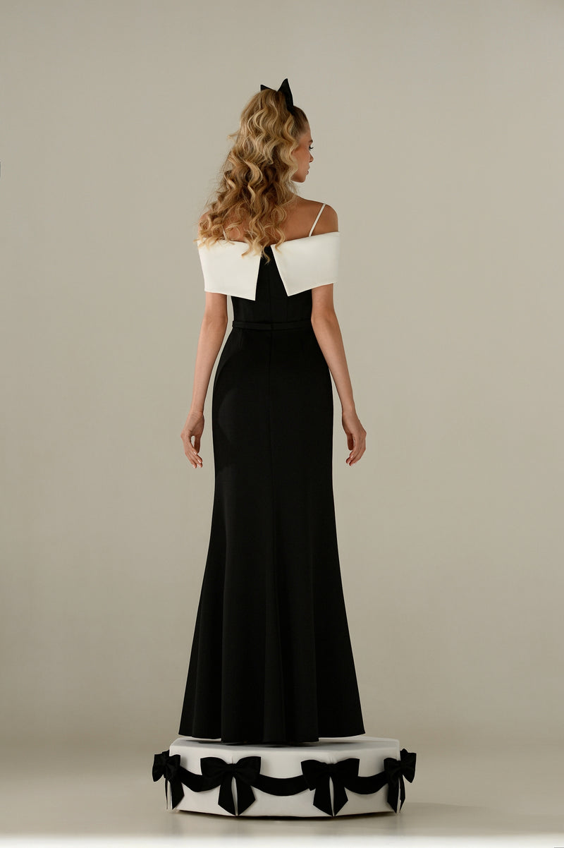 Off-Shoulder Maxi Gown with Pleated White Neckline