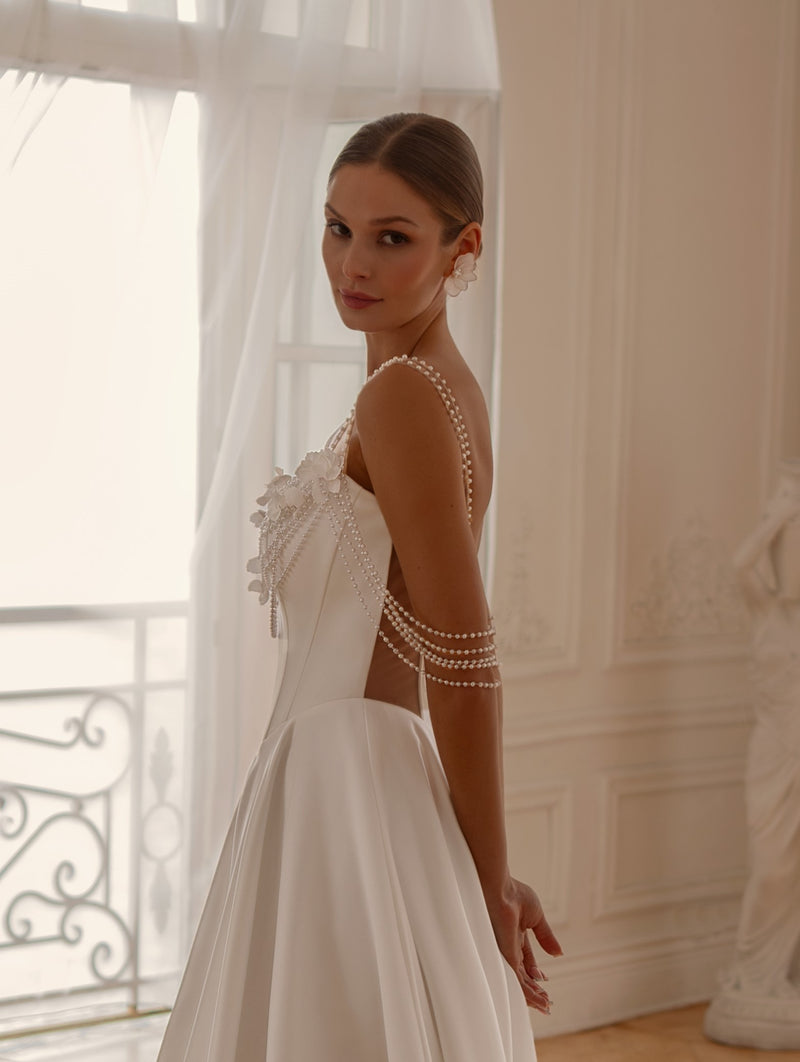 Pearl-Strapped Satin A-Line Wedding Dress