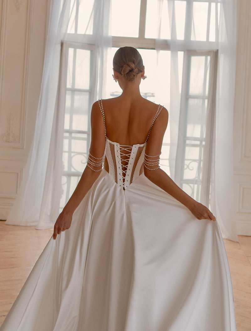 white satin a line wedding dress Pearl-Strapped A-Line Satin Mermaid Wedding Dress Size:AU 12 | M Sweep Train Neckline halter neck bodycon midi dress