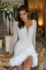 Exquisite Beauty: Long Sleeve Sparkle Mini Bridal Dress with Unique Skirt Details