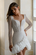 Exquisite Beauty: Long Sleeve Sparkle Mini Bridal Dress with Unique Skirt Details