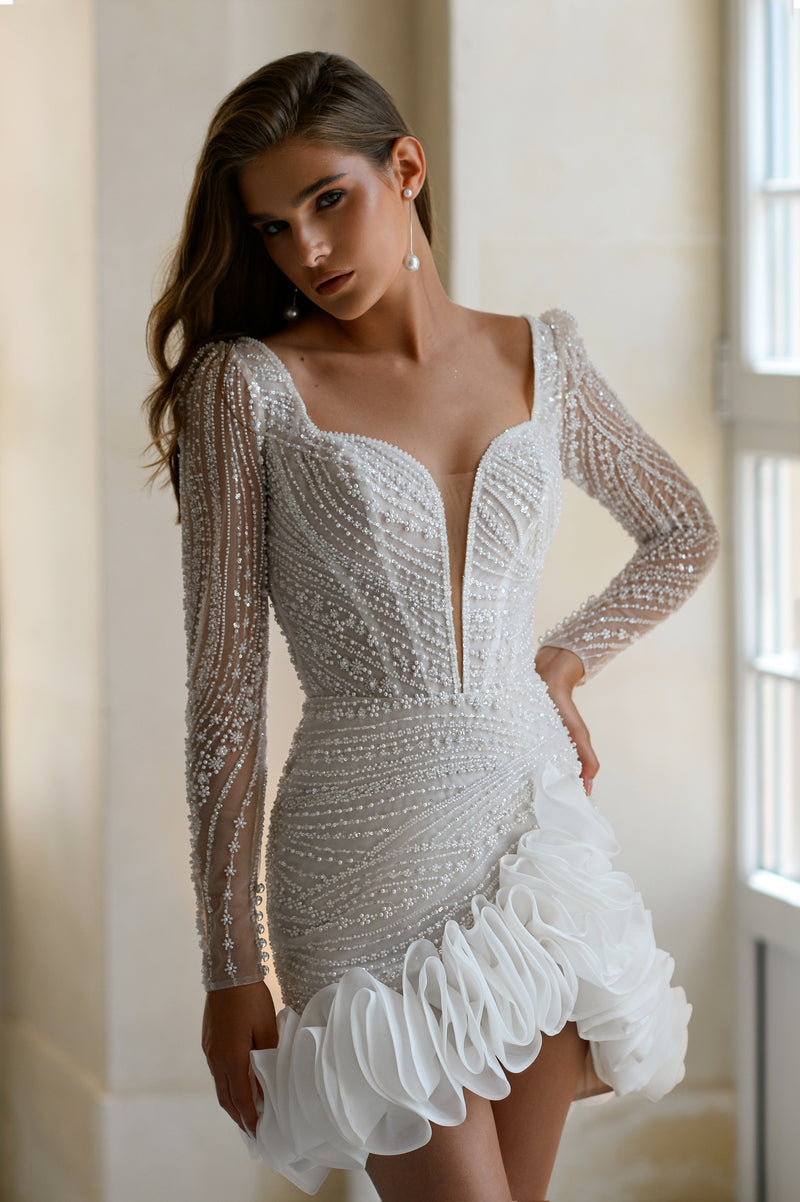 Exquisite Beauty: Long Sleeve Sparkle Mini Bridal Dress with Unique Skirt Details