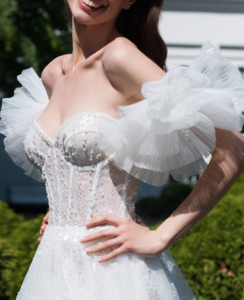 Robe de mariée trapèze à paillettes en forme de cœur avec manches amovibles