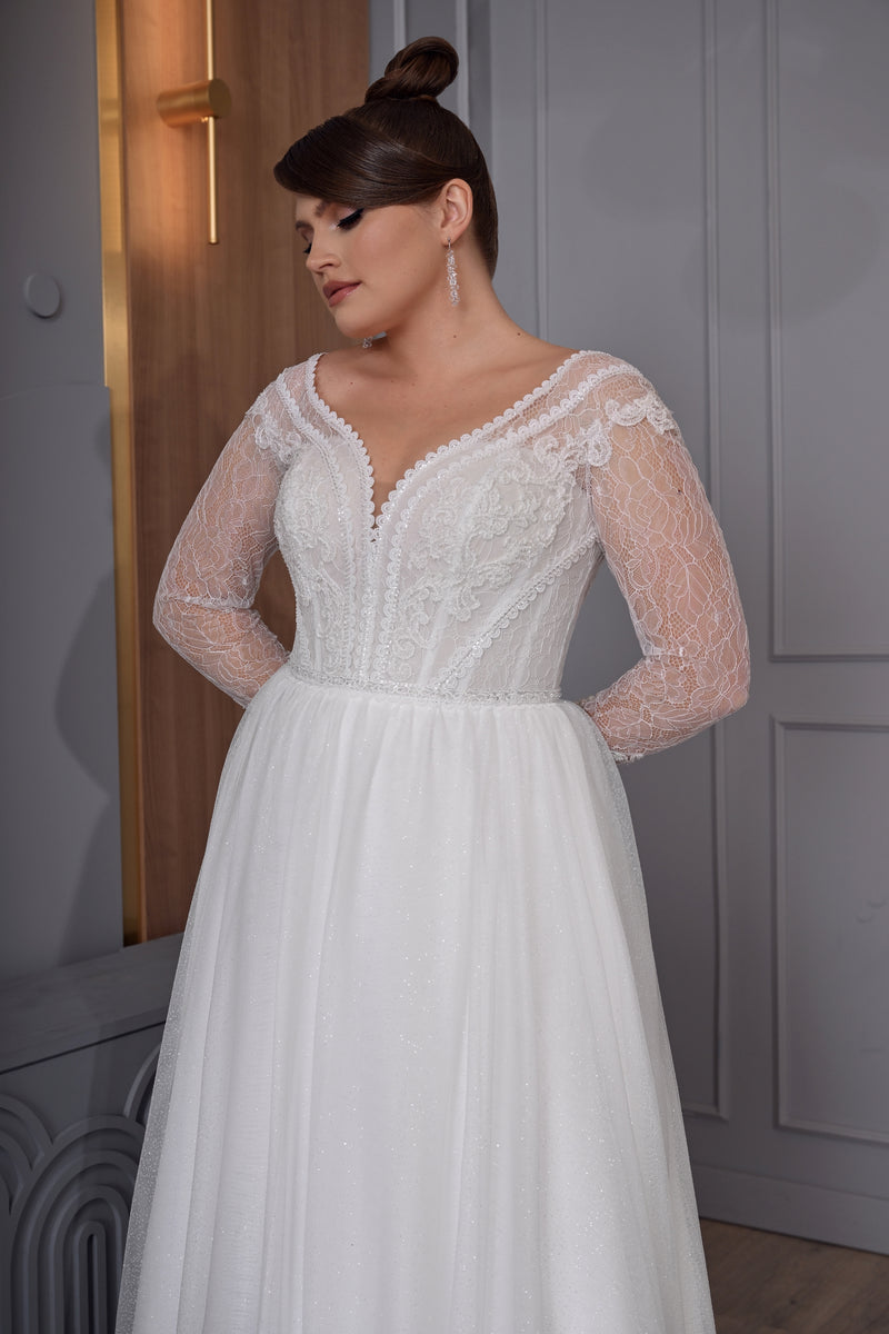 Vestido de novia de manga larga, corte A, talla grande, con purpurina