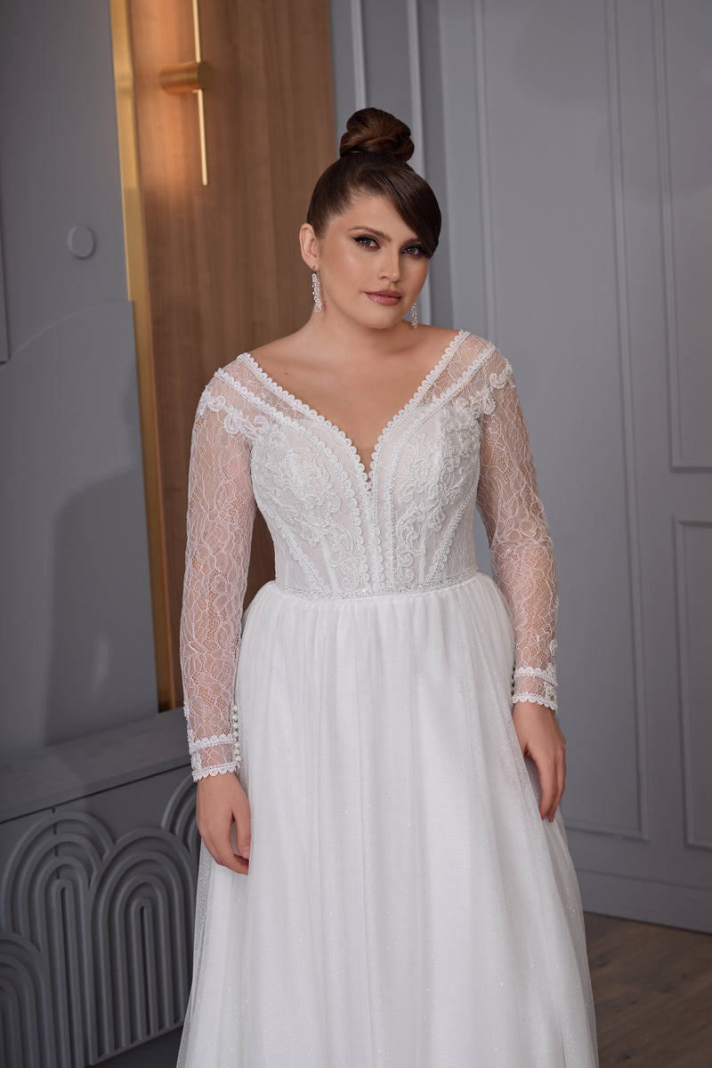 Long Sleeve A-Line Plussize Glitter Wedding Gown HAREM's Brides Long Sleeve A-Line Plussize Glitter Wedding Gown HAREM's Brides