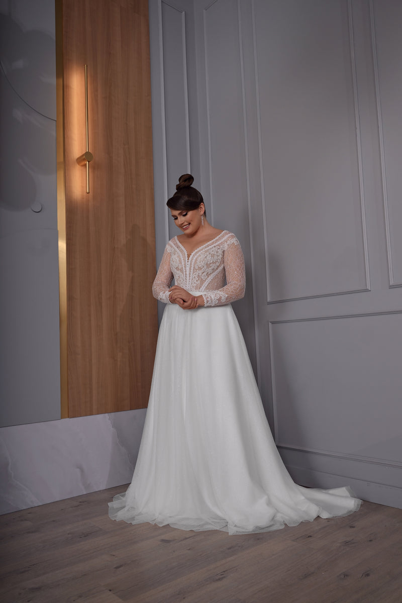 Long Sleeve A-Line Plussize Glitter Wedding Gown