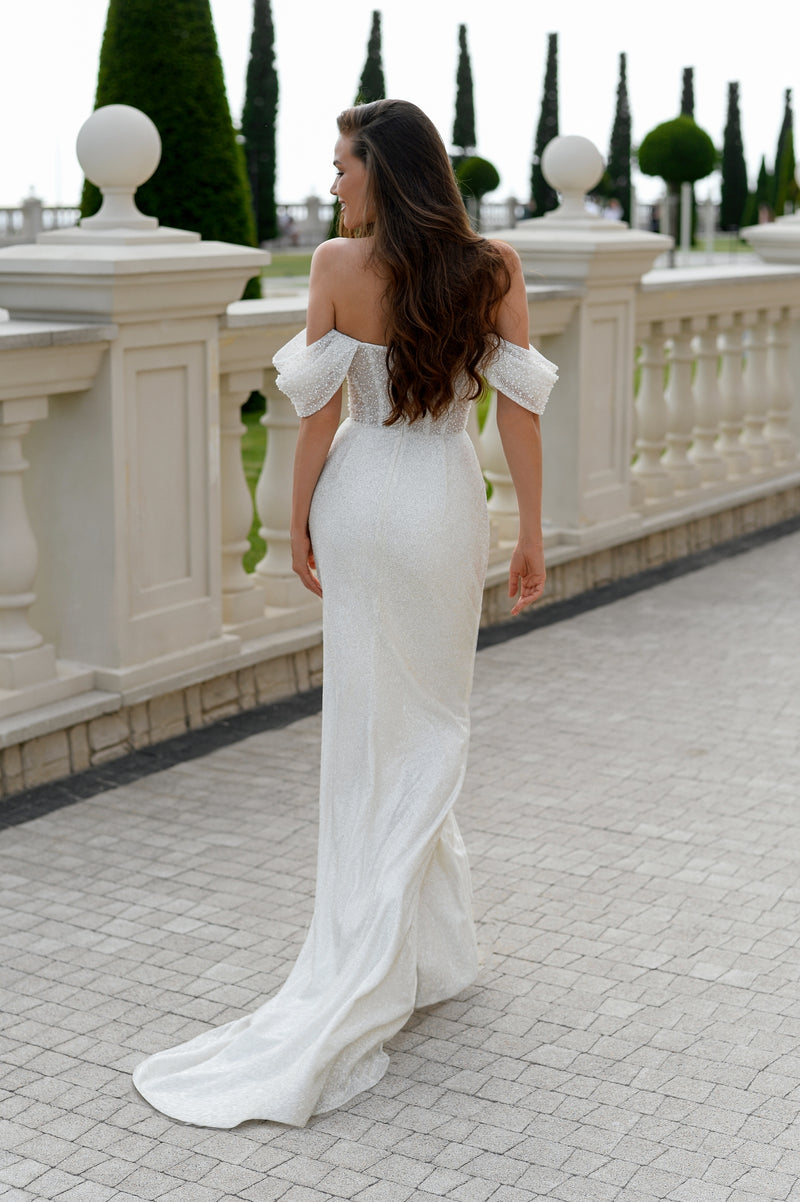 Off-Shoulder Mermaid Glitter Wedding Dress with Beaded Details