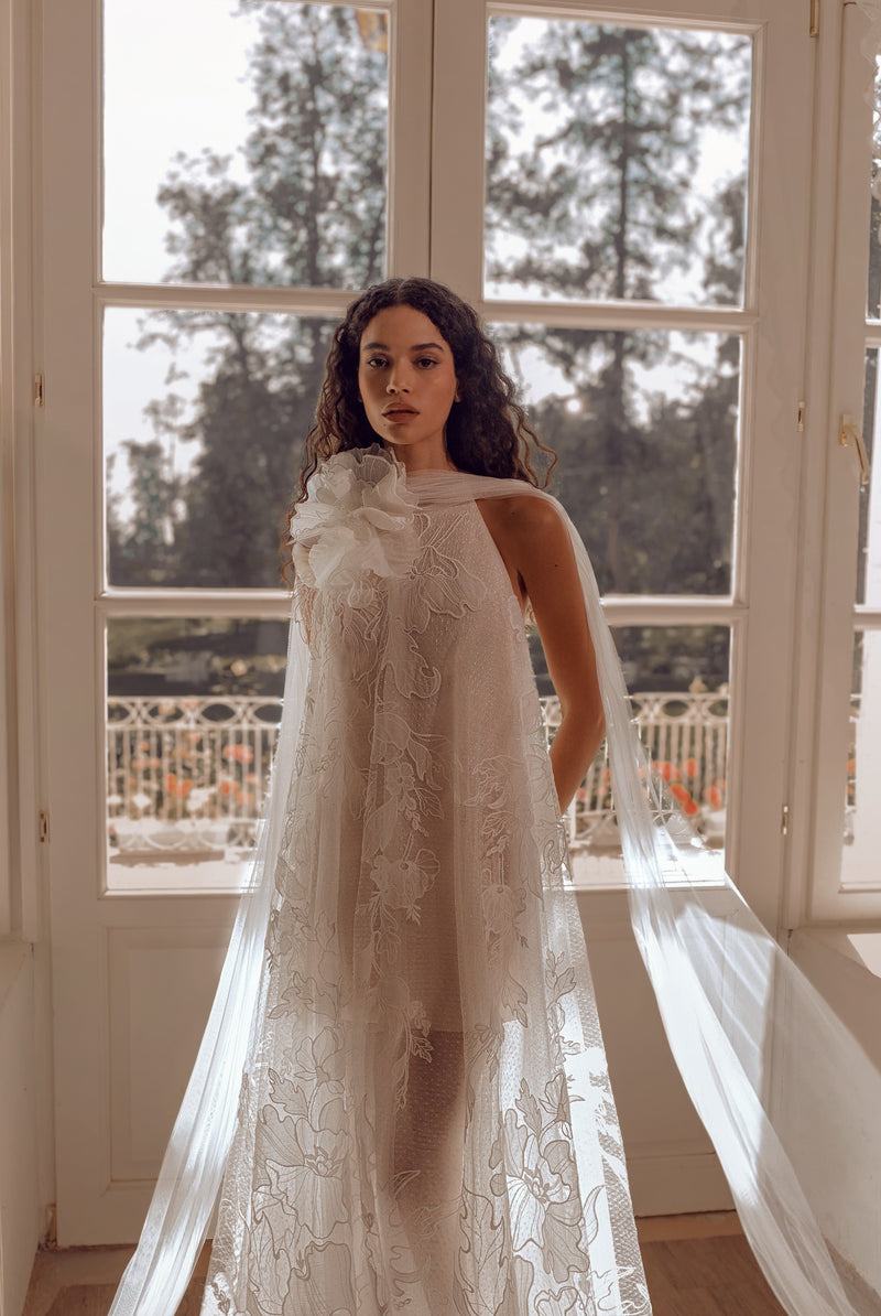 High-Neck Lace Wedding Dress with Flowing Tulle Cape