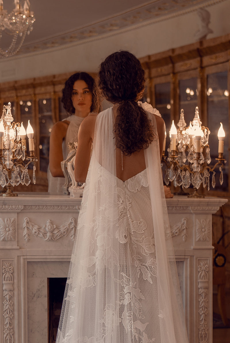 High-Neck Lace Wedding Dress with Flowing Tulle Cape | Celestial Grace   HAREM's Brides