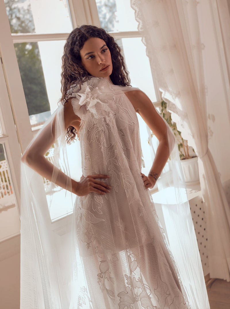 High-Neck Lace Wedding Dress with Flowing Tulle Cape
