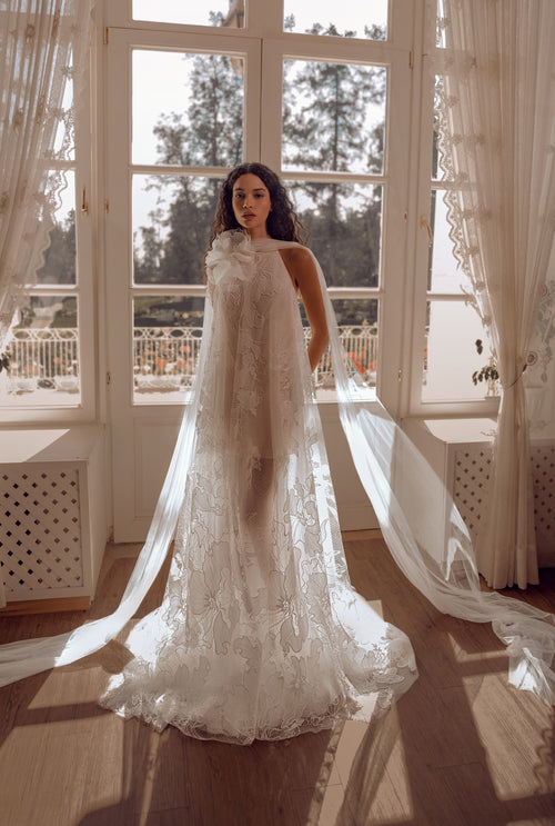High-Neck Lace Wedding Dress with Flowing Tulle Cape | Celestial Grace Collection