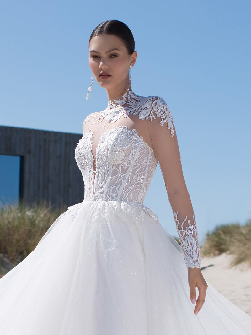 Long Sheer Sleeve A-Line Wedding Dress with a Stunning Lace Top