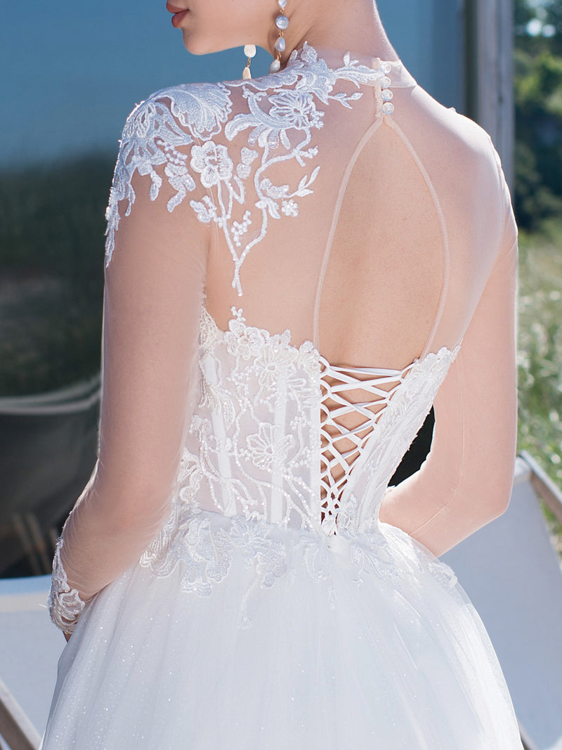 Long Sheer Sleeve A-Line Wedding Dress with a Stunning Lace Top HAREM's Brides Long Sheer Sleeve A-Line Wedding Dress with a Stunning Lace Top HAREM's Brides