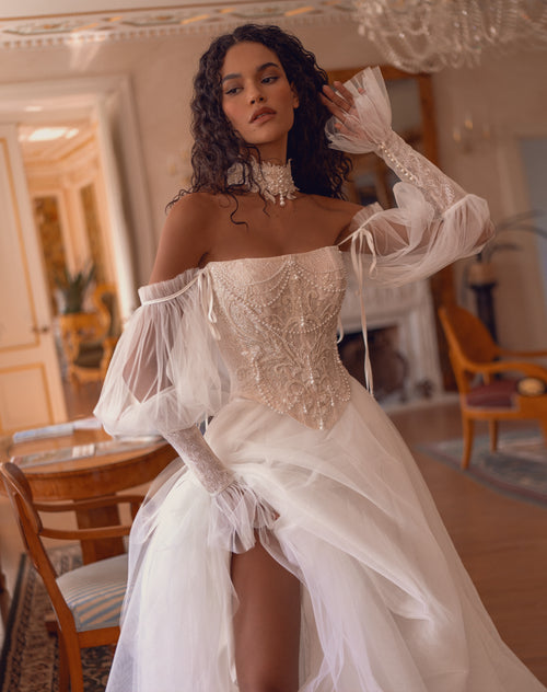 Fairy Off-Shoulder Lace Corset Wedding Dress with Hooded Tulle Cape | Eternal Grace