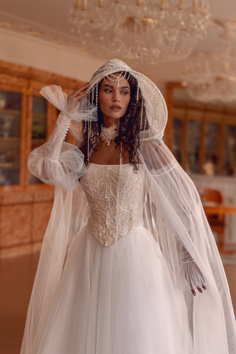 Fairy Off-Shoulder Lace Corset Wedding Dress with Hooded Tulle Cape | Eternal Grace Fairy Off-Shoulder Lace Corset Wedding Dress with Hooded Tulle Cape | Eternal Grace