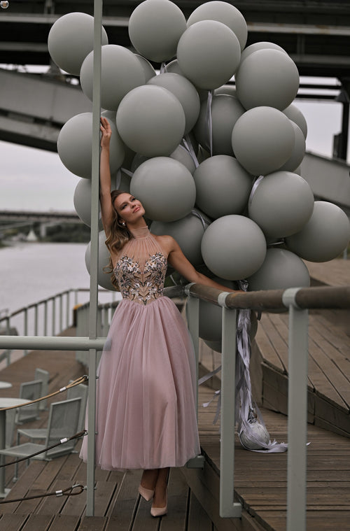 Illusion Halter Embroidered Tulle Midi Dress | Whispering Blossom