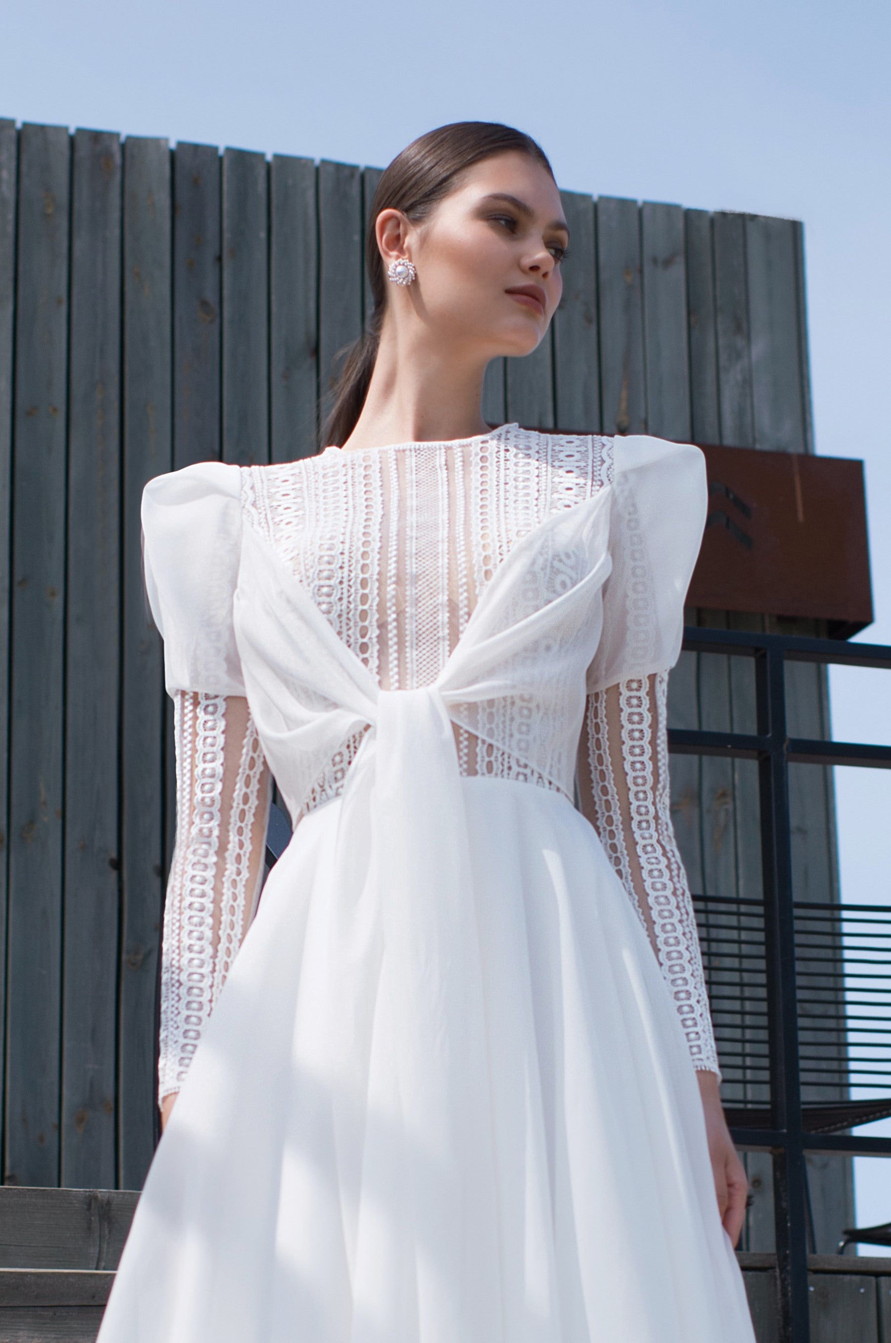 long sleeve embroidered organza wedding dress Wedding Dress with 3/4 Long Sleeves and Floral Embroidery Illusion Neckline AWD1674