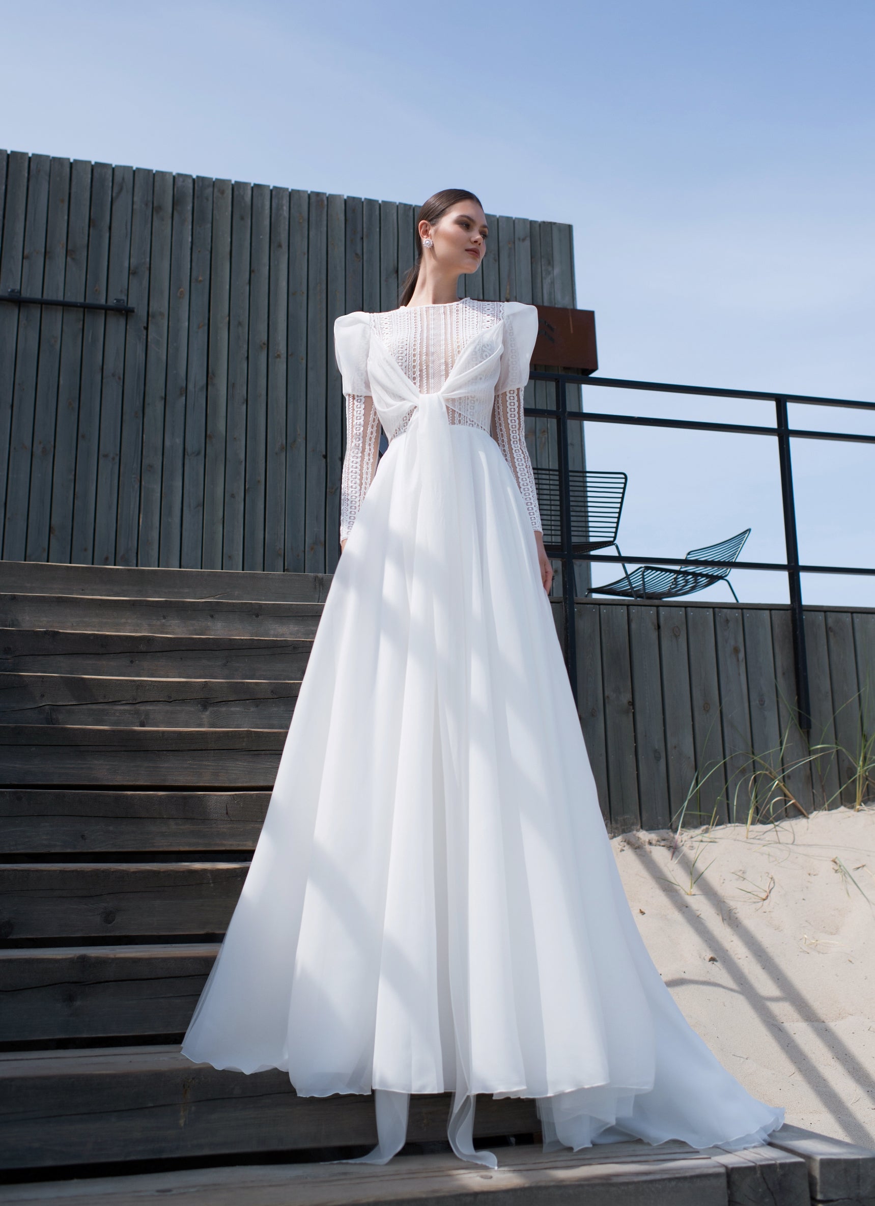 long sleeve embroidered organza wedding dress 44404: Organza Ball Gown with Halter Mock Neckline and Long Sleeves