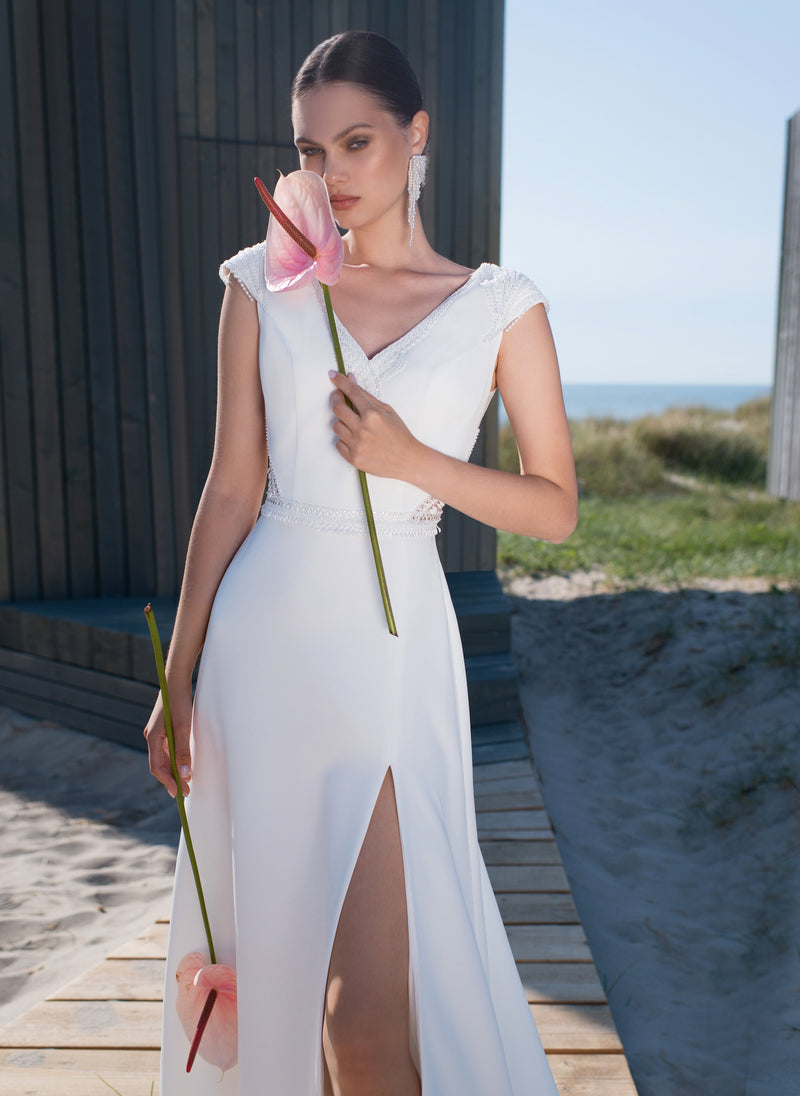 Minimalist V-Neck Cap Sleeve Wedding Dress with a Slit