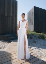 Minimalist V-Neck Cap Sleeve Wedding Dress with a Slit