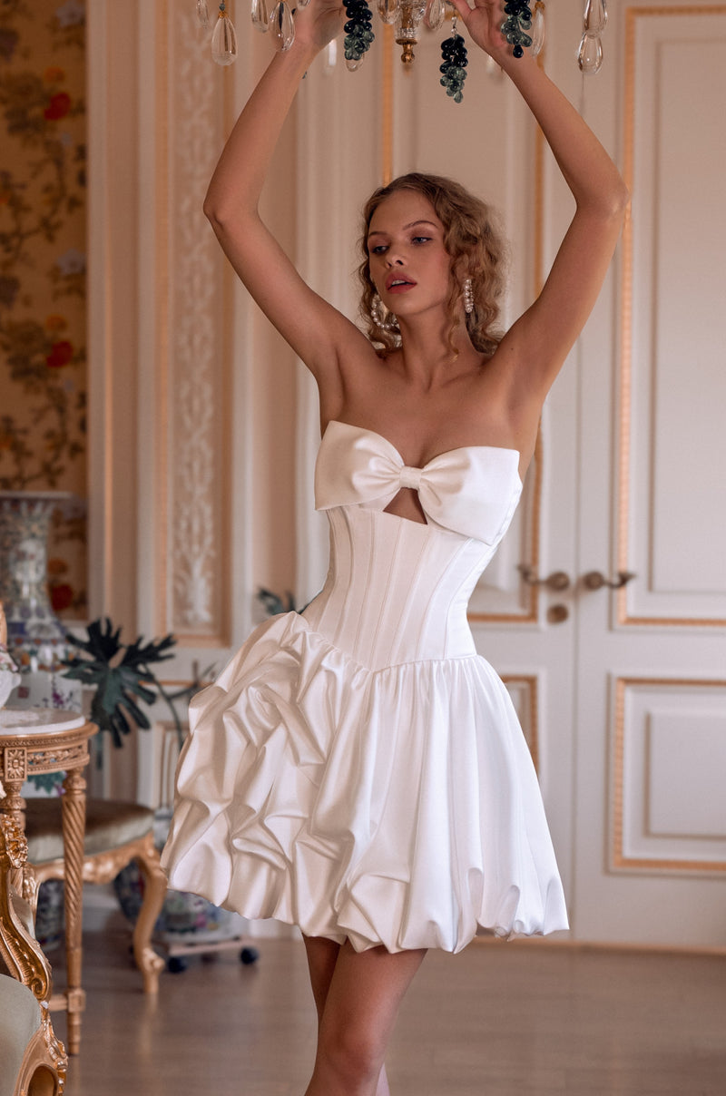 Strapless Satin Mini Corset Dress with Bow Detail