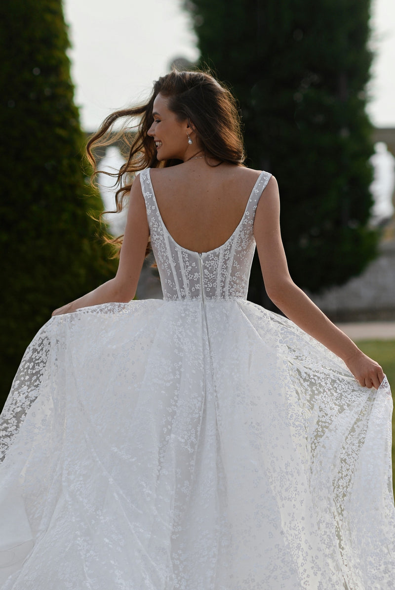 Stunning Shiny A-Line Wedding Gown with Straps and Thigh-High Slit