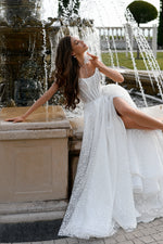 Stunning Shiny A-Line Wedding Gown with Straps and Thigh-High Slit