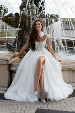 Stunning Shiny A-Line Wedding Gown with Straps and Thigh-High Slit