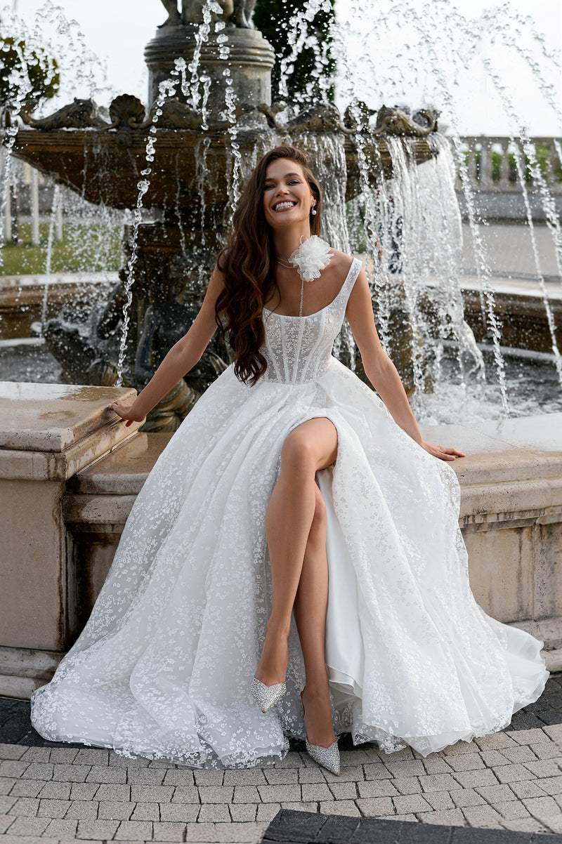 Stunning Shiny A-Line Wedding Gown with Straps and Thigh-High Slit