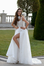 Stunning Shiny A-Line Wedding Gown with Straps and Thigh-High Slit