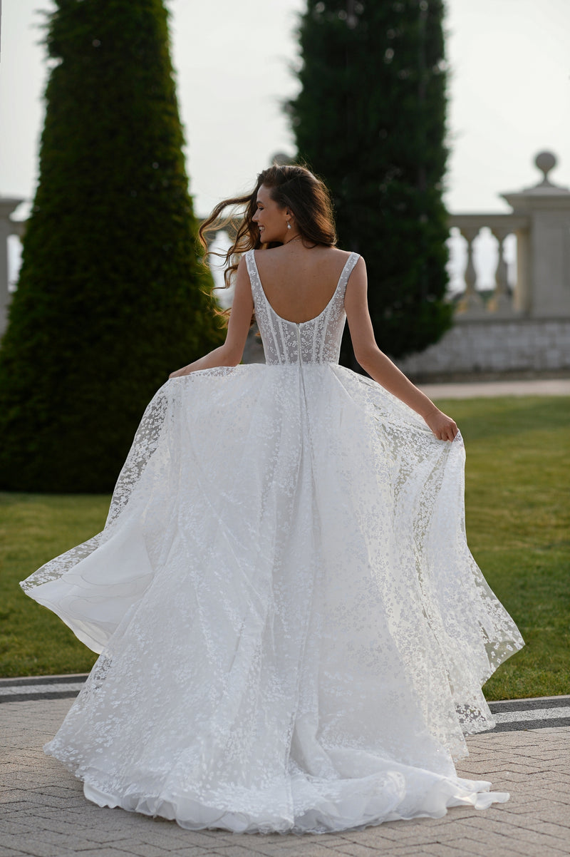 Stunning Shiny A-Line Wedding Gown with Straps and Thigh-High Slit