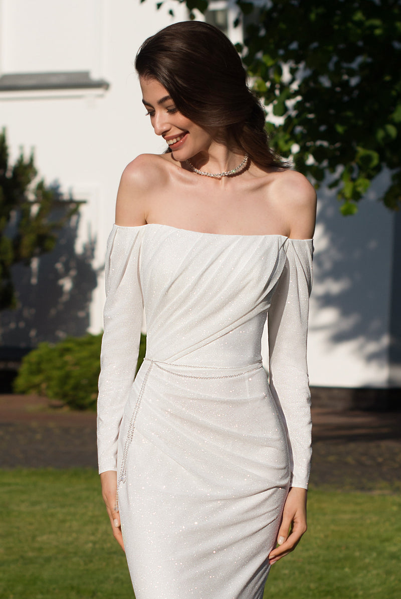 off shoulder bodycon wedding dress Aspen Off the Shoulder Wedding Dress with Sleeves