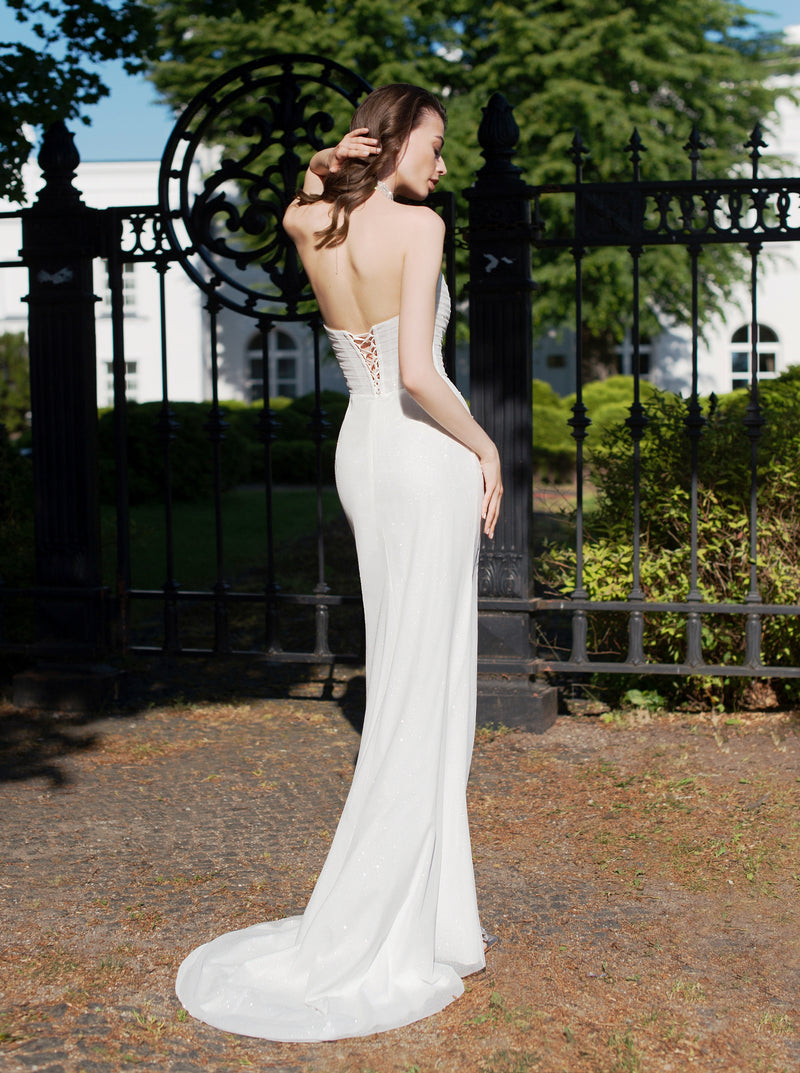 Strapless Glitter Midi Bridal Dress with a Slit