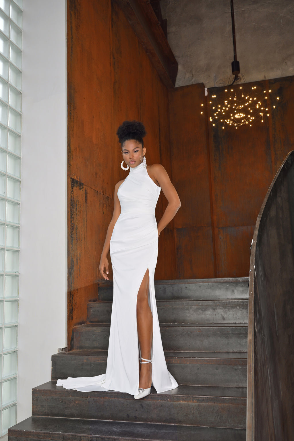 open back long white dress Halter Neck Mermiad Minimalist Bridal Silk EU40 Avail Date: 04/30/2026 COLOR:Waterfall Blush Knit Surplice Sweater finished with delicate lace